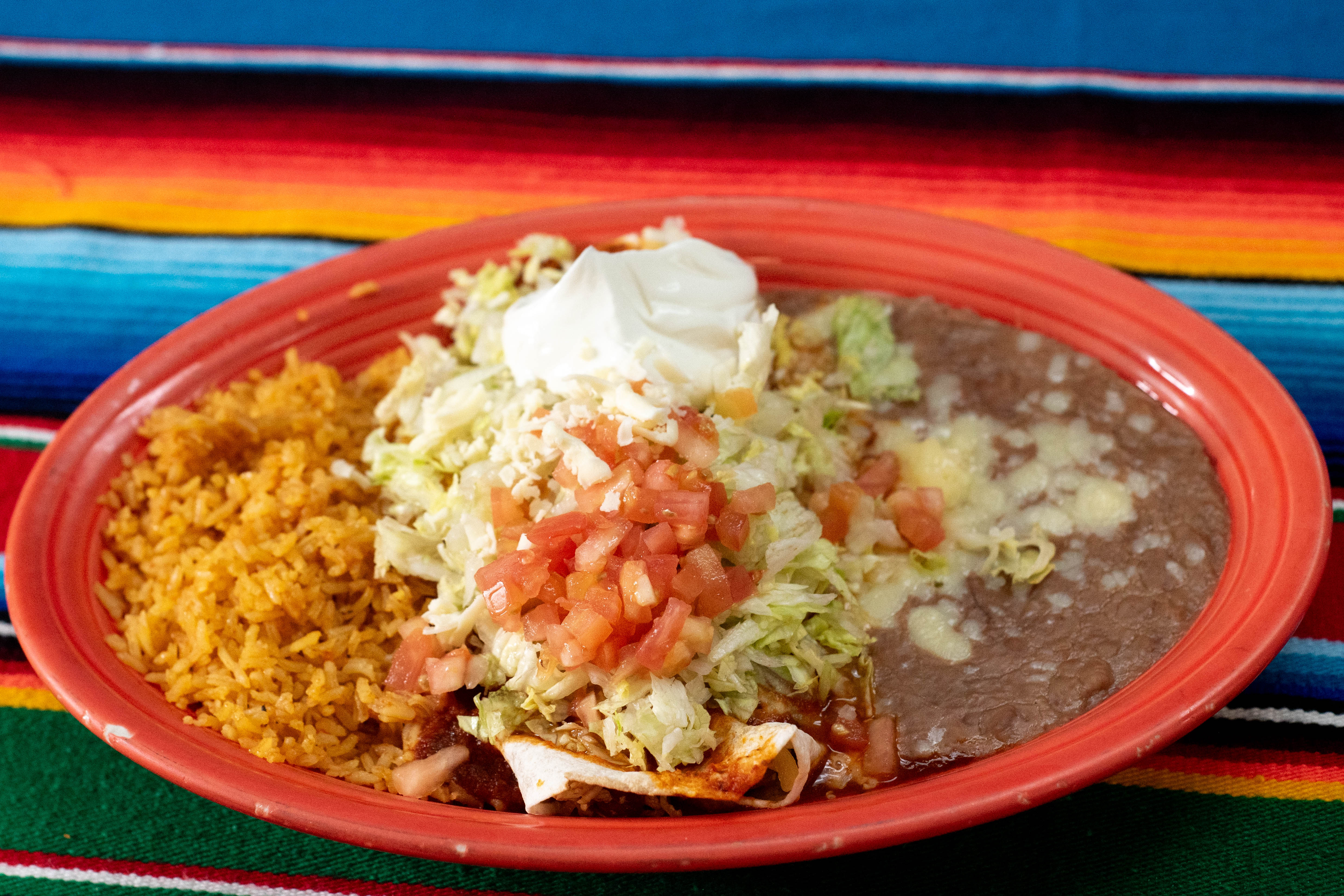Enchilada plate with rice and beans